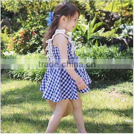 New arrival children clothes lace trim bule plaid kids clothing wholesale 100%cotton baby nice dress