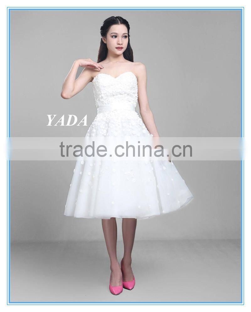 Pretty Off Shoulder Tulle Handmade Appliques Knee Length Wedding Dress