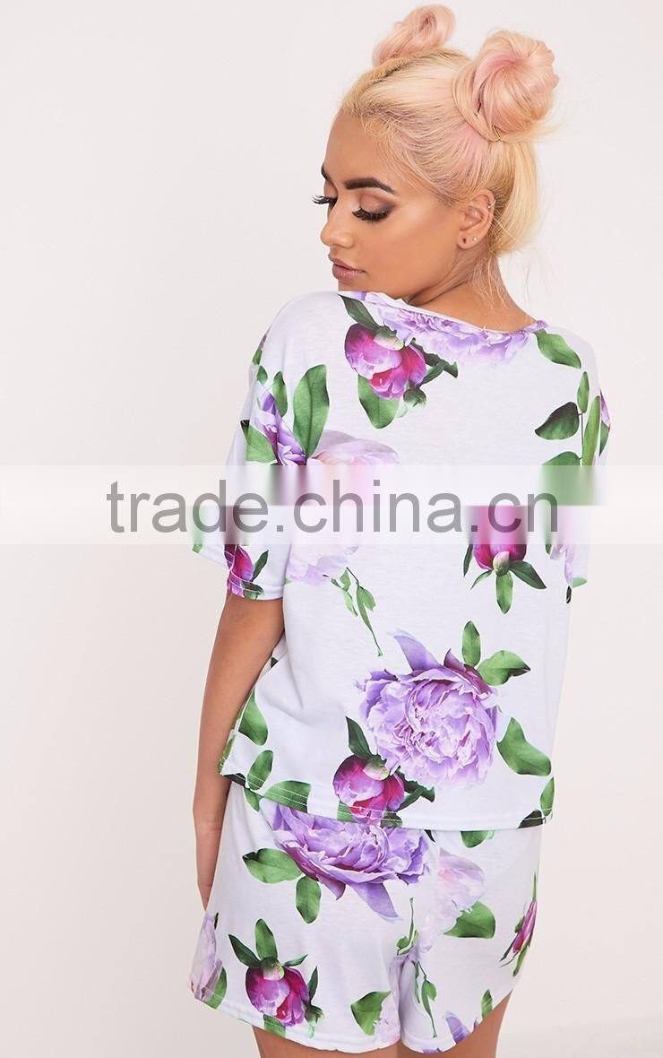 Custom Print Women Floral Print Grey Full Printing Flowers Ladies Pyjama Set Digital Printed Pajama Set