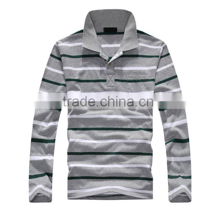 2016 hot sale custom 100% cotton long sleeve mens stripe polo shirts with pocket