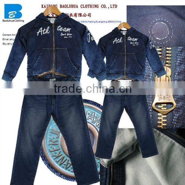 high quality wholesale dark blue kids denim jackets with hoody