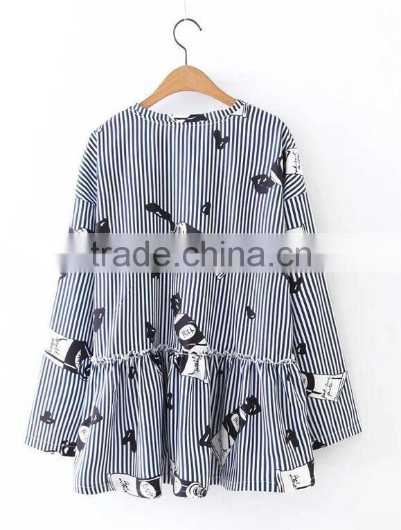 Runwaylover EY2374B Latest Designs Women Formal Blouse Blue Stripe Crane Print Animal Print Drop Shoulder 3/4 Sleeve Blouse