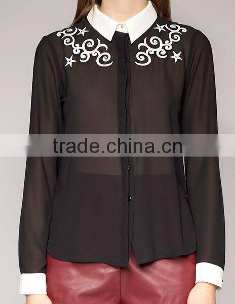 Star Black white contrast color restoring ancient ways hook flower stars embroidery long sleeve chiffon shirt