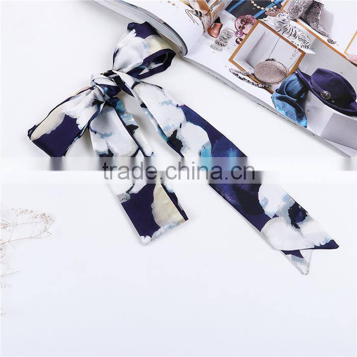 Chiffon Multifunction Skinny Scarf White Navy Blue Flower Choker