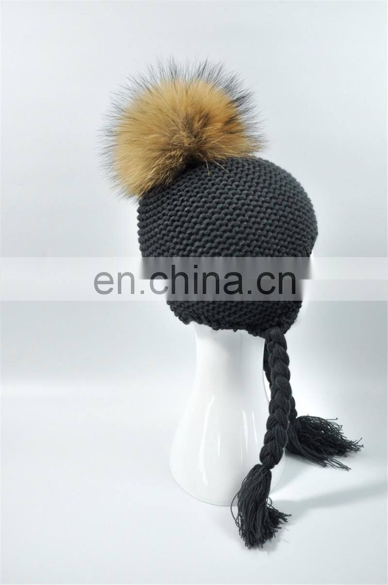 High Quality Knitted Beanies Colorful Big Raccoon Fur Pom Pom Winter Hat Beanie Kids