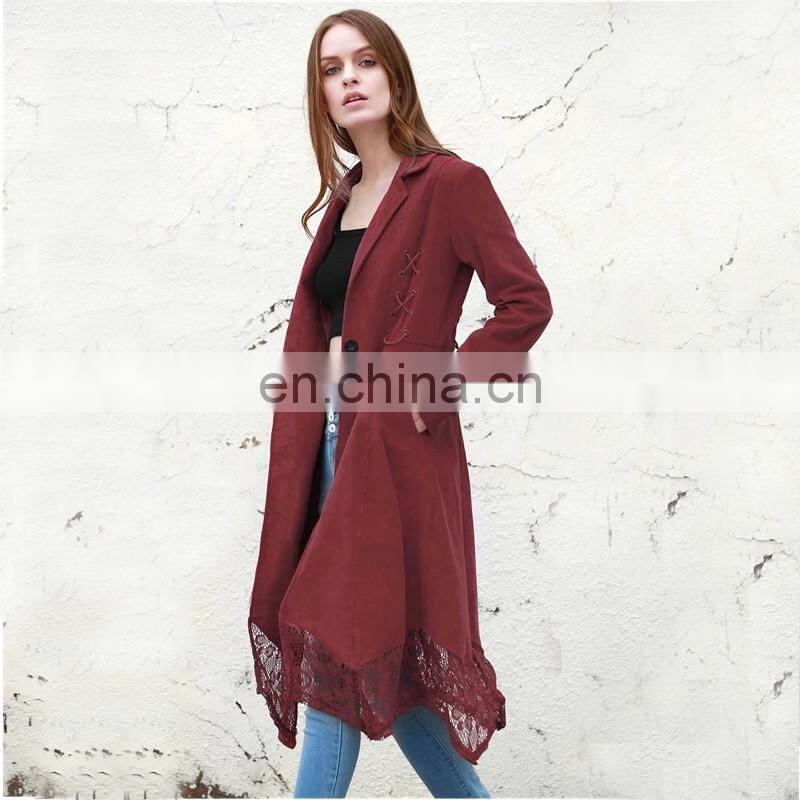 Fashion lapel design khaki lace spliced long women trench coat