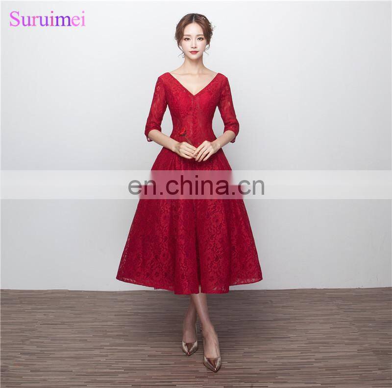 Wine Red Bridesmaid Dresses with Half Sleeves V Neck Corset Lace Up Tea Length Brides Maid Dress Vestidos De