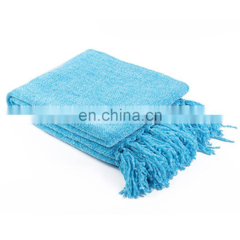 100%Polyester Soft Blue Chenille Blanket Throw with Fringe for Home Bed Sofa Couch Chair
