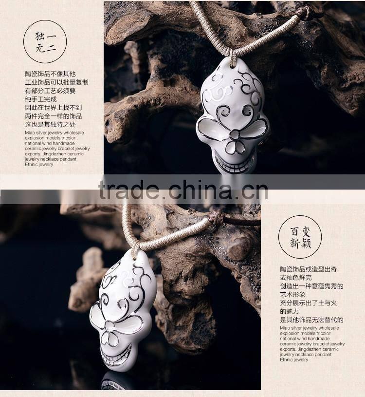 men's skull head porcelain glazed pendant necklace
