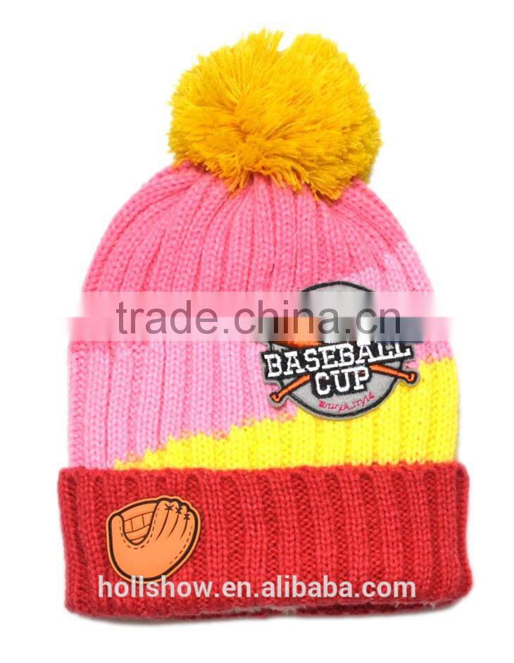 2015 Autumn Winter Newest Four Color Mixed Baseball Cup Applique Pom Pom Style Kids Knitted Wool Hat