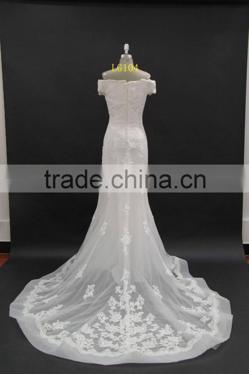 off-shoulder straight neckline horse tail at hem make ruffle effect sheath wedding dress