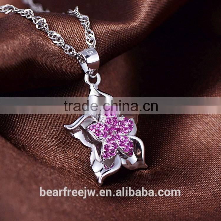 925 Sterling Silver White Gold Plated Pink Clear Cubic Zirconia Bauhinia Flower Pendants for Necklaces Women's Jewelry