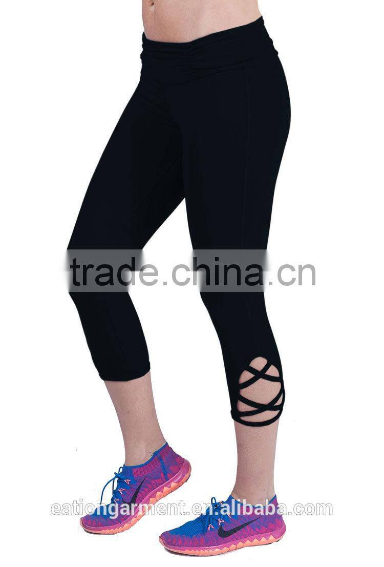 Slimming style scrunchy waist crossing straps on the bottom of each leg 4 way stretching bodybuilding fitness yogo leggings