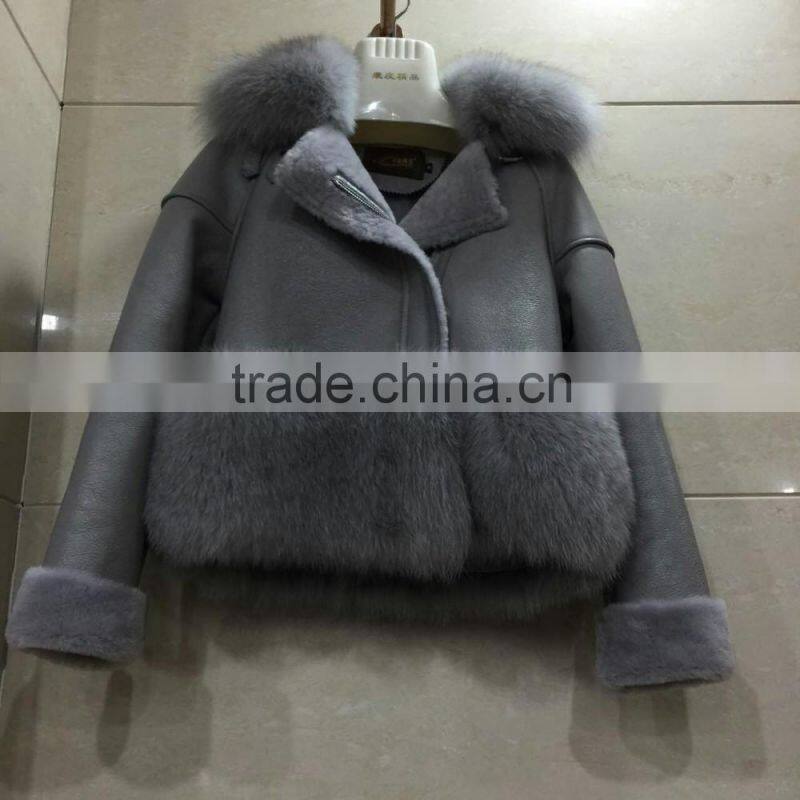 Hot Sale Cool Style Ladies Real Black and Grey Fox Shearing Fur Women Leather Jacket