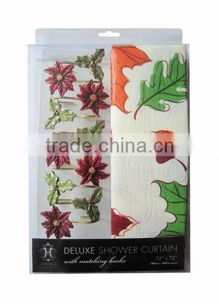 Christmas series shower curtain&12pcs decorative resin hooks set