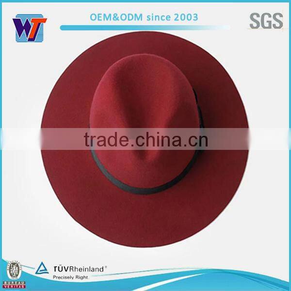 Red satin ribbon band wool felt wide brim fedora hat