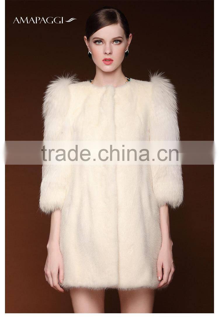 Factory promote white fox sleeve mink fur coat for women