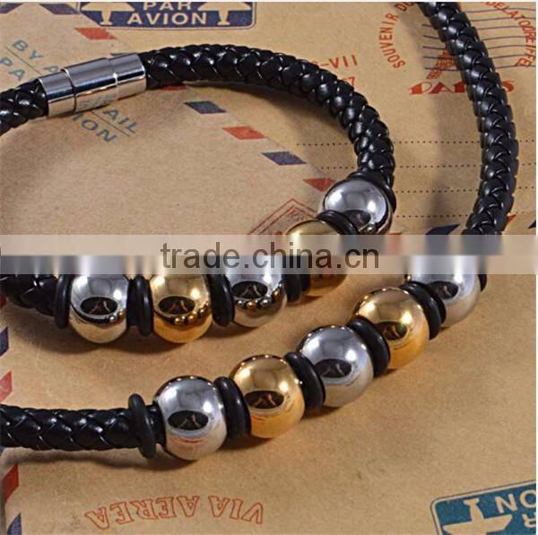 Europe Stainless Steel Two Tone Charm Cuff Bracelet Jewelry Sets Brown Leather Braided Necklace