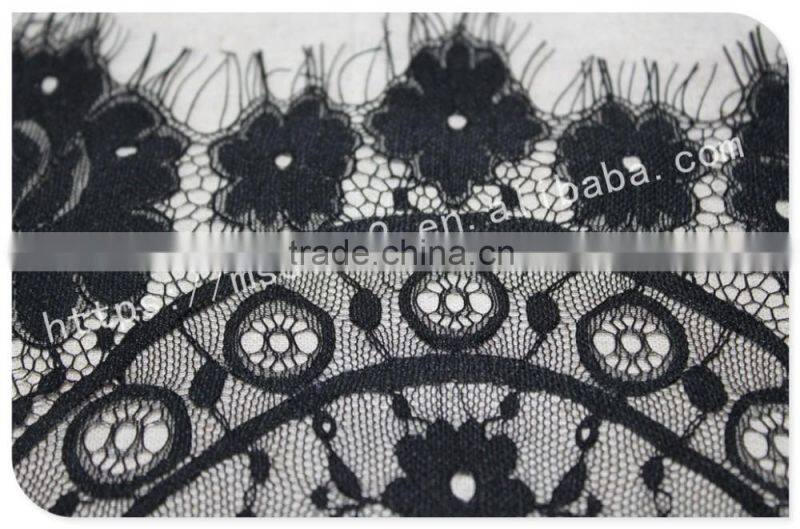 Good price 44cm width polyester floral eyelash black lace trim for sale