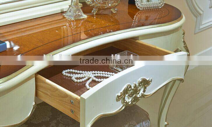 Palace Princess Desser and Stool, Wood Carved Dressing Table and Chair, European Bedroom Furniture Dresser Set (BF01-ML032)