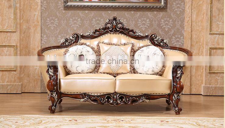 Neoclassical solid wood living room furniture genuine leather 1+2+3 sofa set