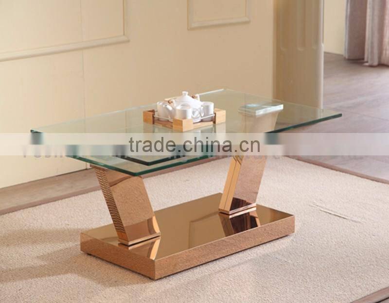 glass adjustable coffee table with rose golden stainless steel