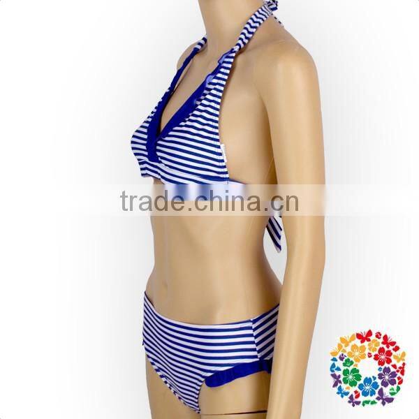 Women Blue Stripe Halter Swimsuit Beachwear Custom Bikini Swimwear