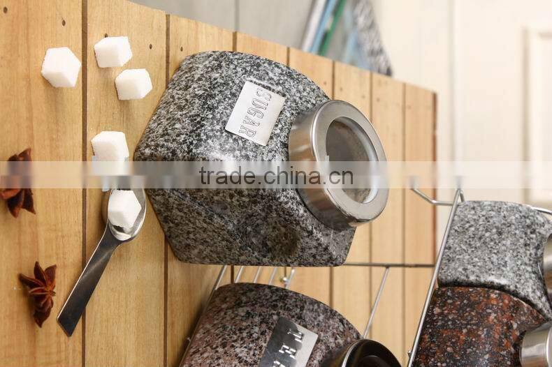 ceramic canister set with stainless metal spoon, lid & stand