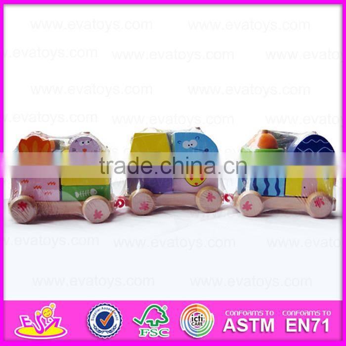 Kids wooden train set pull along toy,Wooden block train toy for children,Pull Shape Block Train Toy W05C021