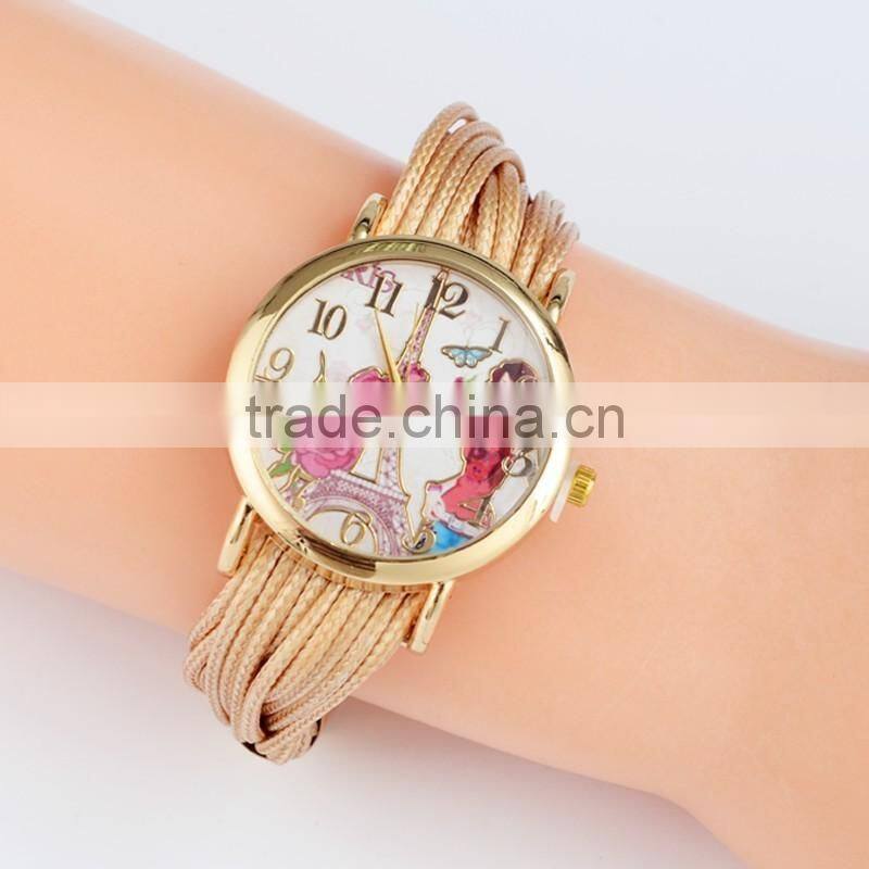 charming beautiful Tower Luxury Watch Women Weave Rhinestone Leather Bracelet nylon braided strap Wristwatch