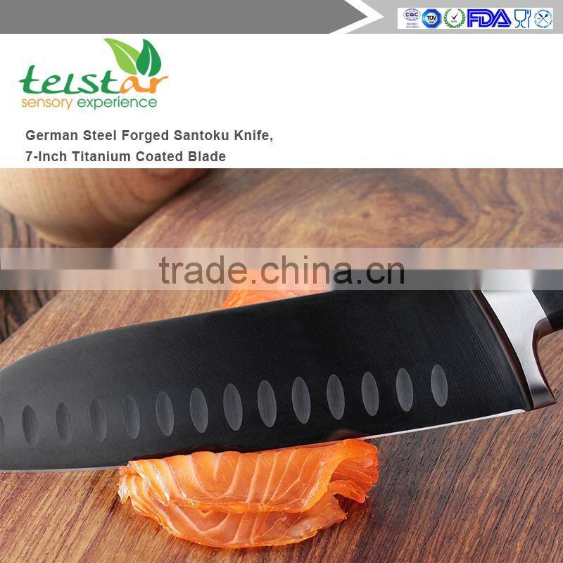 German Steel Forged Santoku Knife, 7-Inch Titanium Coated Blade