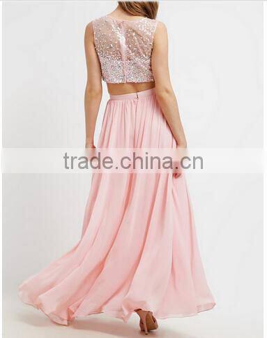 2017 fashion long maxi dresses sleeveless two piece set long skirts and beaded tops for girls party wear dress