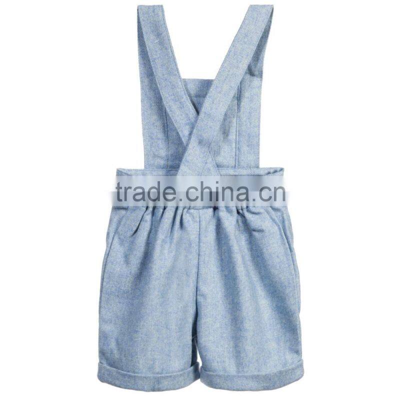Vintage Style Blue Wool Overalls Children Cotton Frocks Designs Handmade Smocked Embroidery Overalls For Kids Boys
