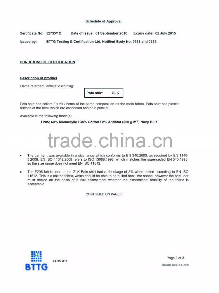 FR long sleeves polo shirt flame resistant clothing for certificate EN11612