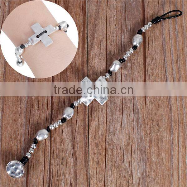 Wax Rope Hand Made Beaded Bracelets Antique Silver Black Cross Round 21cm long