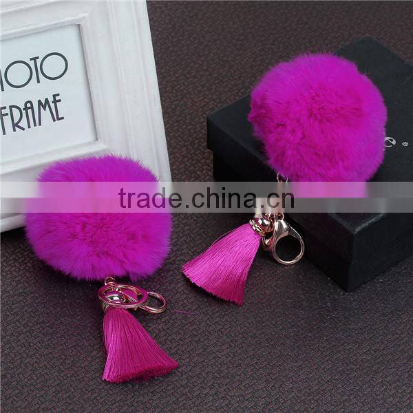 Fashion Keychain Gold Plated Fuchsia Angora Pom Pom Ball Rayon Tassel Key Chain