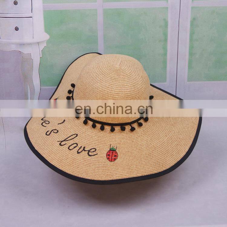 Ladybug Letters Embroidery Straw Hat Large Eaves Sunscreen Beach Hat