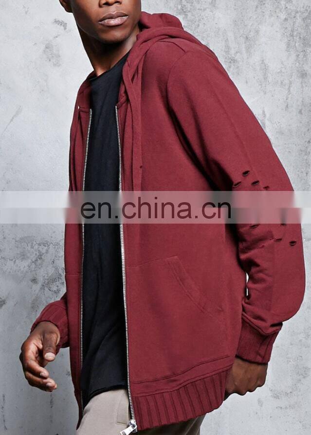 2017 OEM Factory Cotton Polyester High-Polish Zip-Front Distressed Men French Terry Hoodie