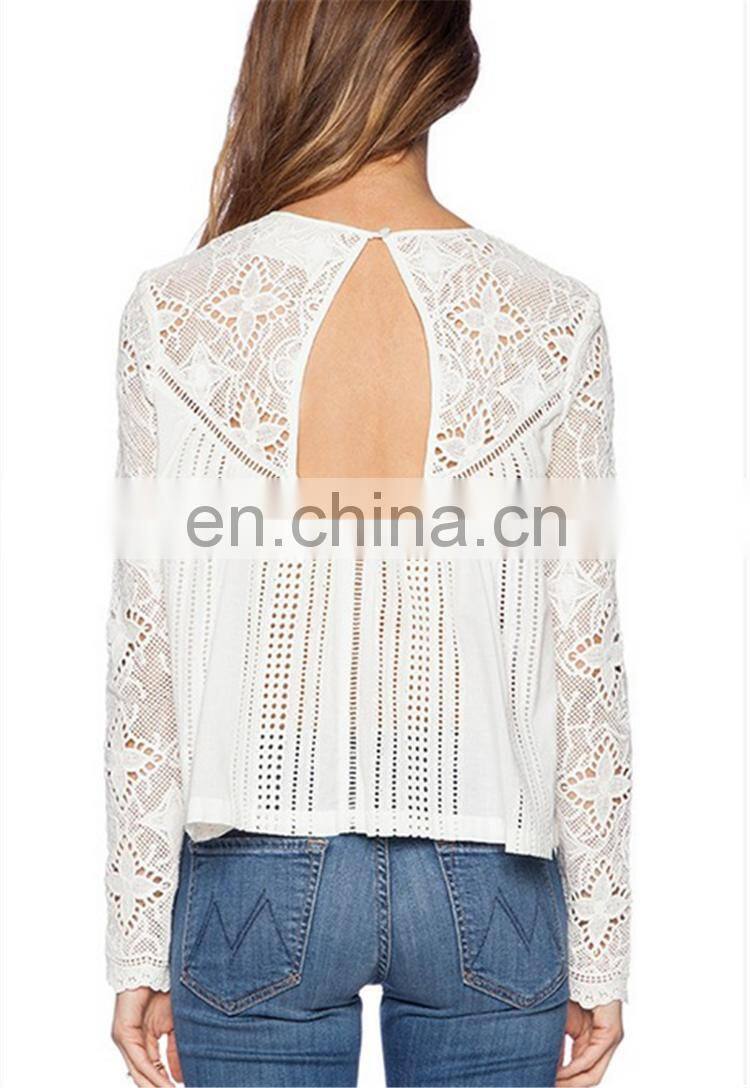 Fashion modeling long sleeve hollow-out white lace blouse, wholesale bohemian clothing burnout floral lace blouse for women