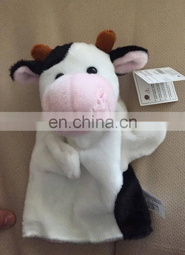 Educational kids toy custom animal cartoon character soft plush stuffed cow hand puppet