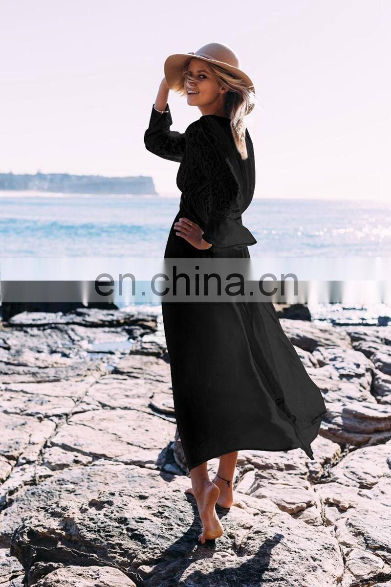 Elegant Lace Patchwork Button Front Open Long Sleeve White Cotton Beach Dress Women Swimwear Cover Up Beach Tunic Plus Size