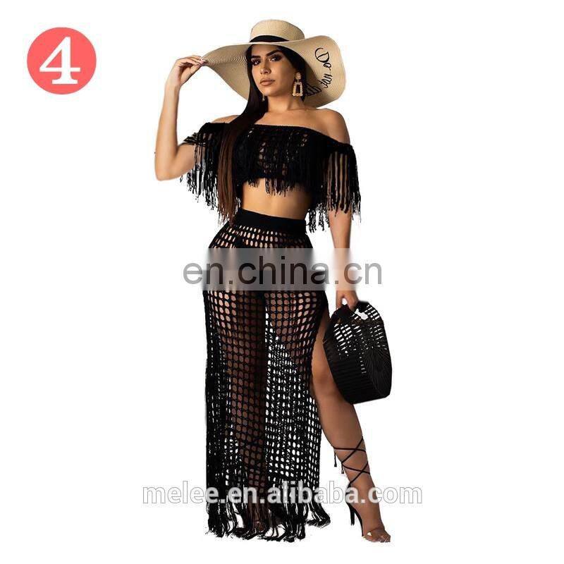 women summer two piece clothing off shoulder tassel swim wear cover up beach maxi dress bikinis 2020 swimwear beachwear