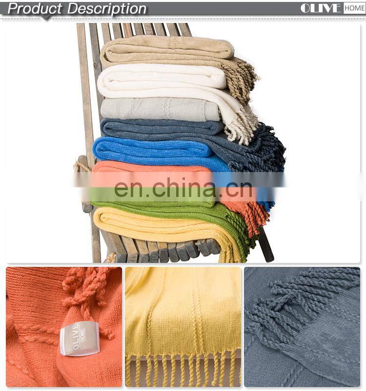 Recycling Cable Tricot Knit Throw Blanket With Tasseled Ends