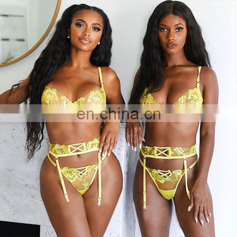 Lace See through Lingerie with Steel Ring Gathered Push up Bra Sexy Bra and Panties Sets