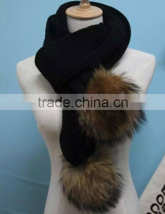 2016 Winter Newest Fashion 100% Real Raccon Fur Pompom Wool Knitted Women Crochet Scarf