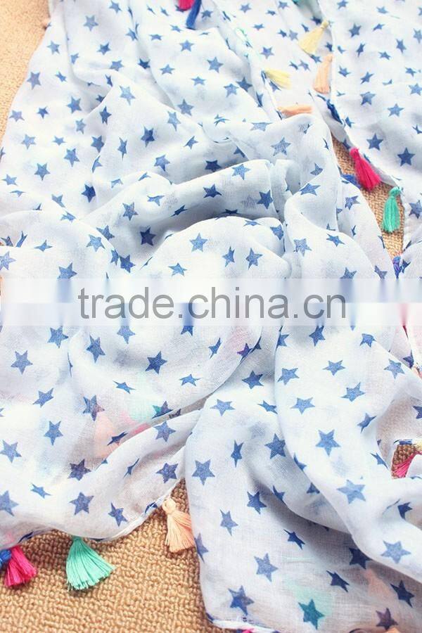 Hot Selling Korean Navy Star Printed Colorful Tassels Fashion Ladies Scarf