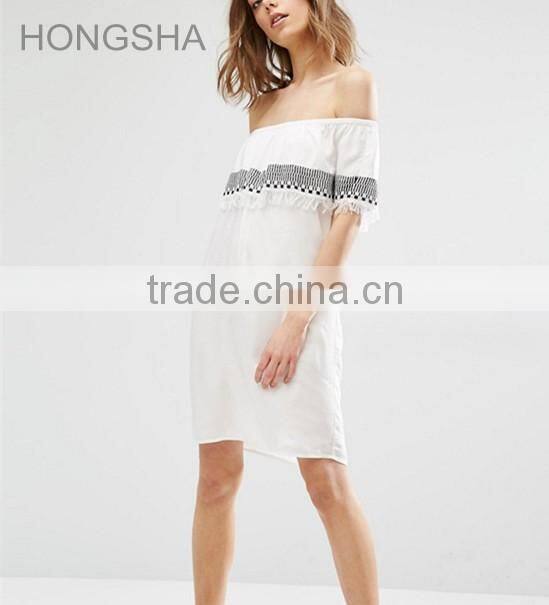 Latest Designs Off The Shoulder Machine Embroidery Tassle Dress HSD2367