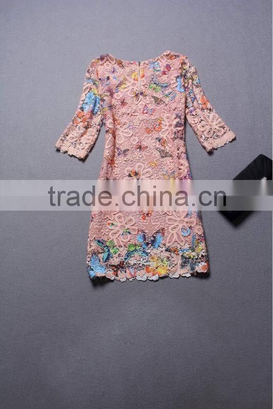 Branded 2014 Water soluble butterfly sweet style lace bodycon autumn dress half sleeve