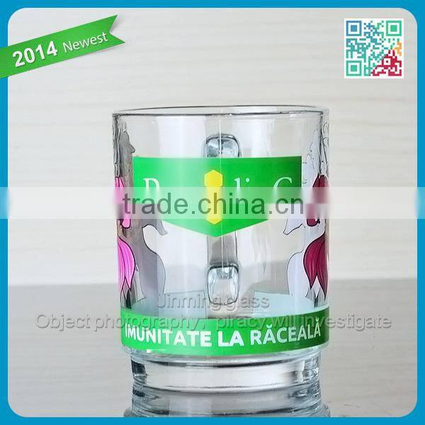 Branded Decorative Juice Cup Glasses Promotional Lovely Juice Cup Glass Mug with Handle Kids Favor Cartoon Logo Beverage Glass