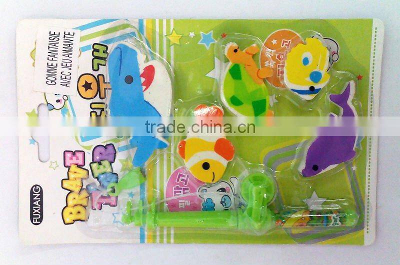 Fish shape eraser with fishing rod